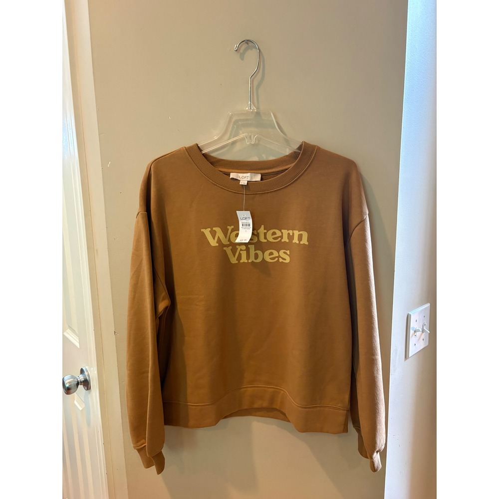 New Loft Western Vibes Graphic Sweatshirt Camel Brown Crew Neck Pullover Small